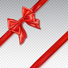 Realistic red bow and ribbon isolated on checkered background. Template for greeting card, poster or brochure. Vector illustration.