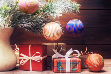 Still life with Christmas decoration and gift boxes