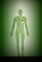 concept of green medicine for heat, green heart disease medicine, homeopathy, man silhouette build with small green leaves with red heart