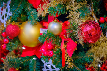 Christmas tree decorations macro background