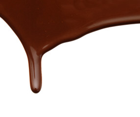 Close up of chocolate syrup leaking on white background