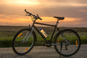 Naklejka na ściany i meble Frahrrad auf einem asphaltierten Fahrradweg mitten im Grünen beim Sonnenuntergang