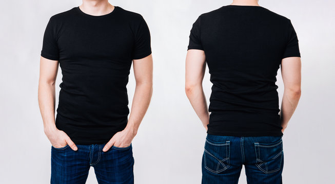 T-shirt design - man in black blank tshirt on gray background