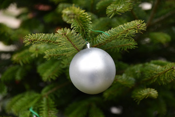 Boule de Noël argentée dans sapin vert
