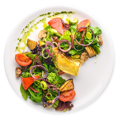 Brie cheese with grilled vegetables.  Isolated on a white background.