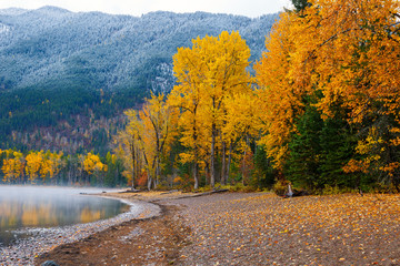 Autumn colors on shore of Lake McDonald in Glacier National Park, Montana