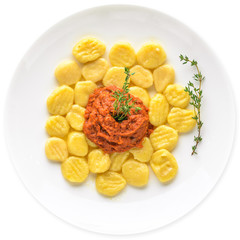 Potato dumplings. Top view. Isolated on a white background.