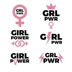 Girl power icons collection. Vector illustration of feminist slogans in trendy simple two color style. Isolated on white.