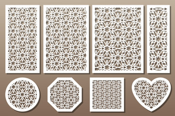 Set decorative elements for laser cutting. Geometric ornament pattern. Template star. The ratio 1:2, 2:3, 3:4, 1:3, round, octagon, square, heart.Vector illustration.