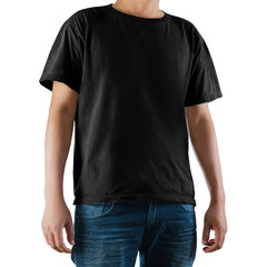 Obraz premium Man wearing blank black t-shirt on white background