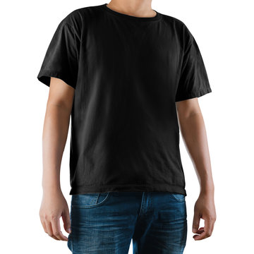 Man wearing blank black t-shirt on white background