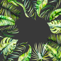Watercolor tropical palm leaves frame border, hand painted on a dark background, greeting card design