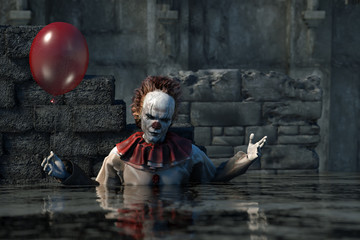 Naklejka premium 3D Illustration of scary clown Halloween background