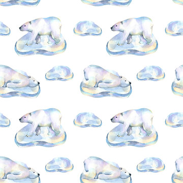 Watercolor polar bears on ice floes seamless pattern, hand painted on a white background