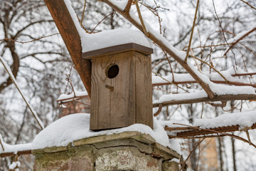 Wooden bird feeder in the snow-covered winter city park
