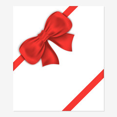 Decorative gift bow with satin ribbon for wrapping. Gift card with luxury red bow, frame for present