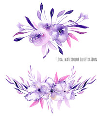 Obraz na płótnie Canvas Watercolor purple roses, rhododendron flowers and branches bouquets, hand drawn isolated on a white background, for wedding, birthday and other greeting cards 