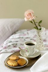 Madeleine, served with coffee. Traditional French pastries. Romantic breakfast. Style rustik.