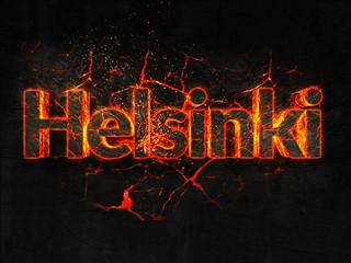 Helsinki Fire text flame burning hot lava explosion background.