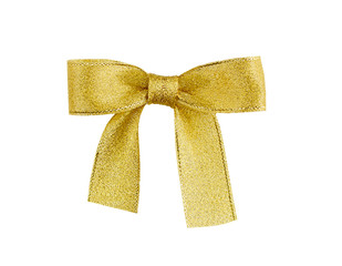 Gold ribbon bow isolated on white. Clipping path