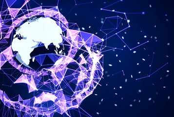 Global network connection background. Purple and blue technology backdrop. Telecommunication broadcast concept. Glowing plexus structure with Earth planet and particles. Abstract vector illustration.