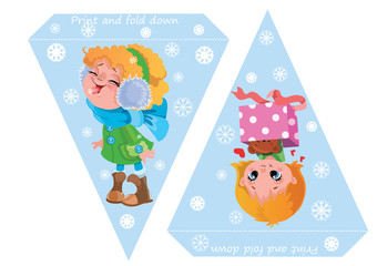 Printable template flags. Banner Baby Shower, Birthday, New Year or Christmas Party with cute girls and snowflakes