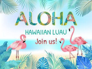 Aloha, Hawaiian Party Template Invitation - obrazy, fototapety, plakaty