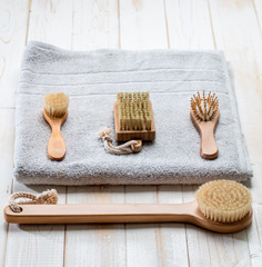 Fototapeta na wymiar eco-friendly hygiene still life with dry brushing accessories