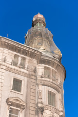 View of the historic building. The building is under reconstruction, Madrid, Spain. Copy space for text. Vertical.