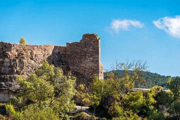 Obraz premium View of the ruins of the castle of Siuran, Tarragona, Catalunya, Spain. Copy space for text.