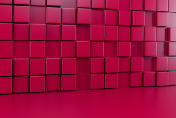 Abstract background wall of red cubes and red floor. 3d render