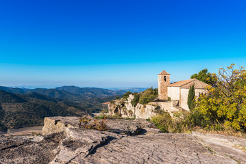 View of the Romanesque church of Santa Maria de Siurana, in Siurana, Tarragona, Catalunya, Spain. Copy space for text.
