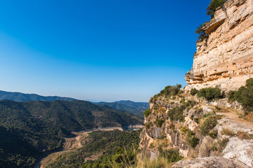 Fototapeta na wymiar Rocky landscape in Siurana de Prades, Tarragona, Catalunya, Spain. Copy space for text.