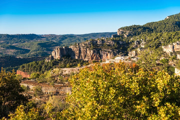 Fototapeta na wymiar Rocky landscape in Siurana de Prades, Tarragona, Spain. Copy space for text.
