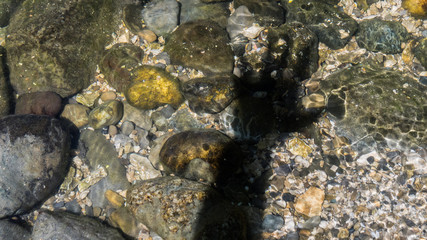 stones below the water surface with a shadow of a hand