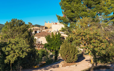 View of the buildings in the village Siurana, Tarragona, Spain. Copy space for text.