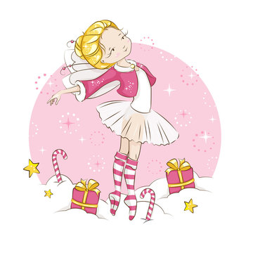 Beautiful little fairy. She's blonde. Princess dancing in a ballerina costume. She is wearing socks with a Christmas pattern  and a red cloak trimmed with fur. Vector on white background.