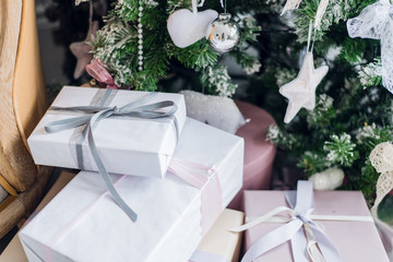 Christmas gift or present box wrapped in kraft paper