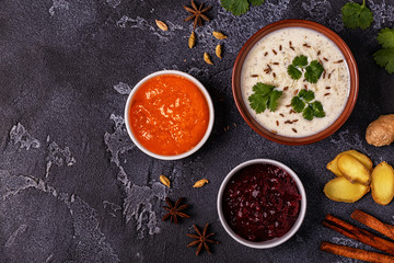 Traditional Indian raita with cucumber, cumin, coriander and chutney sauces.