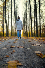 Obraz premium Back view of a teenager girl walking in a road limited by trees at sunset