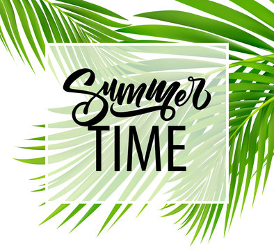 Summer poster with tropical palm leaf . Vector illustration
