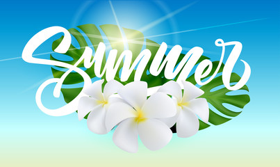 Summer poster with tropical palm leaf and flowers . Vector illustration