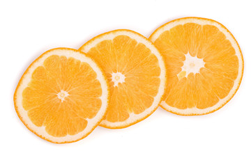 Slices of orange isolated on white background. Flat lay, top view. Fruit composition