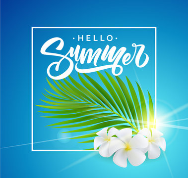 Summer poster with tropical palm leaf and flowers . Vector illustration