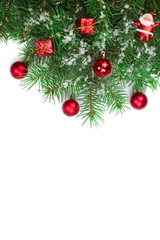 Christmas background with balls and decorations isolated on white with copy space for your text. Top view