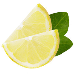 Two slices of lemon with leaves isolated on white