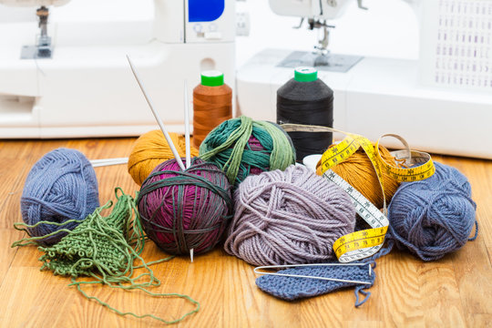 knitting materials, threads and sewing machines
