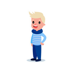 Fashion little kid in blue sweater with stripes, pants and scarf. Cartoon character of blond boy standing isolated on white. Casual clothes. Flat vector design