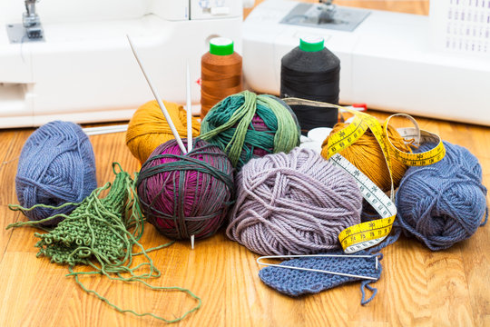 various knitting materials and sewing machines