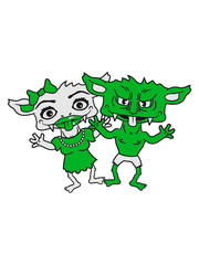 paar liebe pärchen 2 freunde verliebt team mädchen frau weiblich hübsch schön girl kleid gnom frech klein monster horror halloween böse ork troll comic cartoon clipart